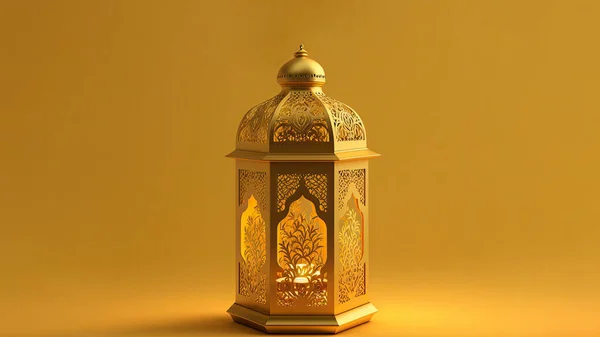 Illuminated Golden Arabic Lantern On Mustard Background. Islamic Religious Concept. 3D Render.