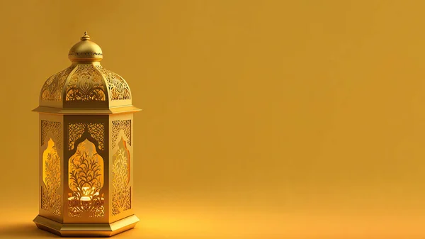 Illuminated Golden Arabic Lantern On Mustard Background. Islamic Religious Concept. 3D Render.