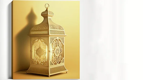 Realistic Illuminated Arabic Lantern On Golden And White Background. Islamic Religious Concept. 3D Render.
