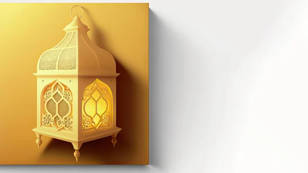 Realistic Illuminated Arabic Lantern On Golden And White Background. Islamic Religious Concept. 3D Render.