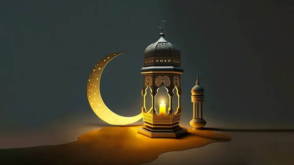 3D Render of Illuminated Arabic Lamp With Crescent Moon On Sand Dune. Islamic Religious Concept.