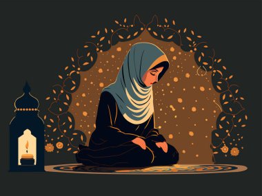 Muslim Young Woman Character Offering Namaz At Mat And Illuminated Lamp On Floral Motif Background With Copy Space. Islamic Religious Concept.