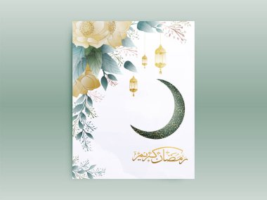 Ramadan Kareem Greeting Card With Golden Arabic Calligraphy, Crescent Moon And Golden Lamps Hang On Floral Background.