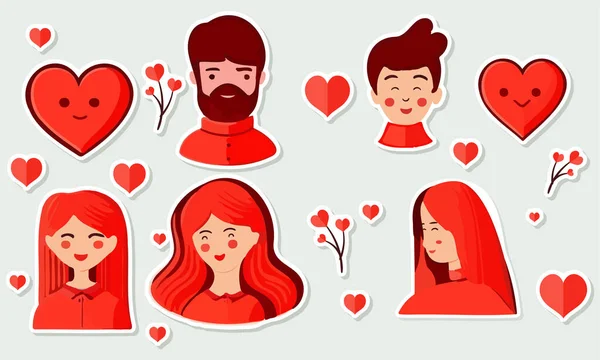Young Male Female Charcter Hearts Valentine Day Love Sticker Collection — Image vectorielle