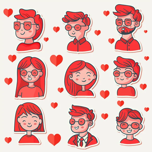 ステッカースタイル漫画の男の子と女の子のキャラクターで心は赤色に設定します 愛やバレンタインデーのコンセプト — ストックベクタ