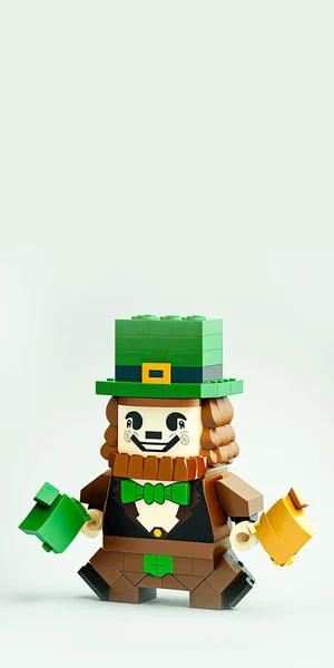 3D Render of Pixel Art or Blocks Leprechaun Toy Holding Hammers And Copy Space. St. Patrick\'s Day Concept.