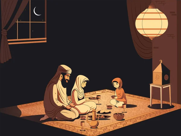Арабські Сімейні Персонажі Втішаються Смачними Стравами Разом Килимі Каганці Вночі — стоковий вектор