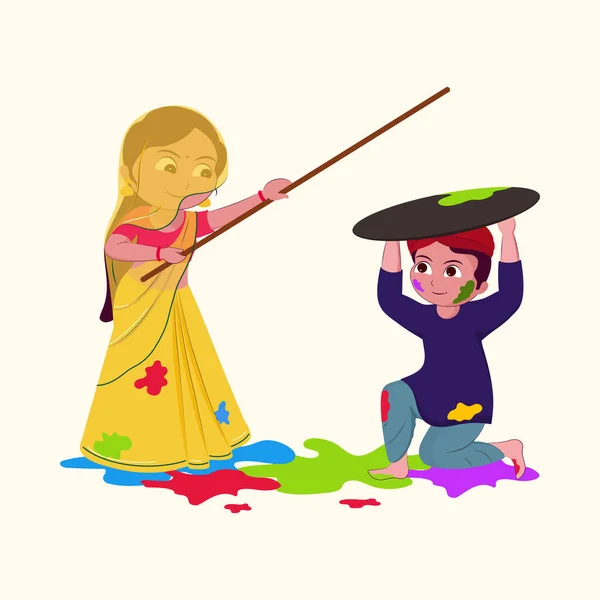 Cute Couple Character Presenting Lathmar Holi Colourful Splash Background —  Vetores de Stock