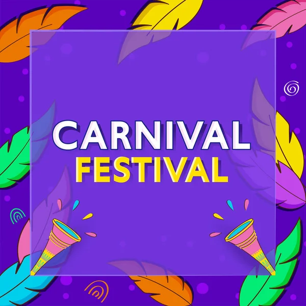 Carnival Festival Font Vuvuzela Glassmorphism Square Frame Colorful Feathers Background — Stock Vector