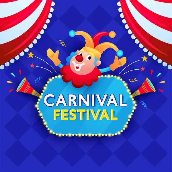 Festival Carnevale Testo Cornice Vintage Tendone Con Buffo Joker Braccia — Vettoriale Stock