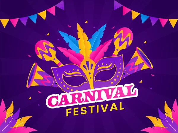Carnival Festival Elements Decorated Purple Rays Background Bunting Flags — Stockvector