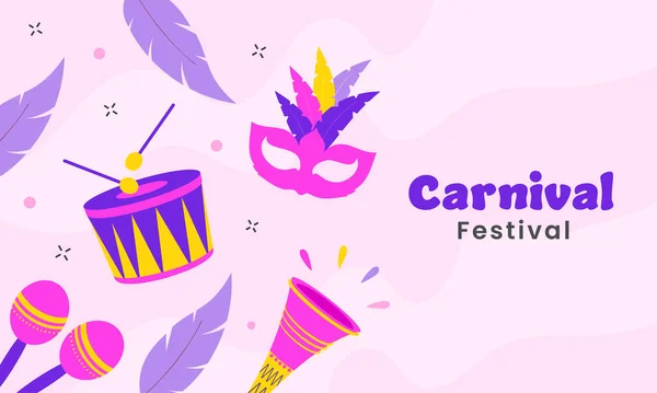 Carnival Festival Banner Design Dekorerad Med Musikinstrument Fjädrar Party Mask — Stock vektor