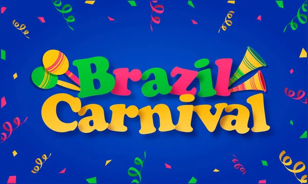 Colorful Paper Brazil Carnival Text Vuvuzela Maracas Instrument Confetti Decorated — Stock Vector