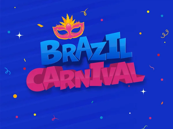 Brasilien Karneval Text Och Parti Feather Mask Confetti Blå Bakgrund — Stock vektor