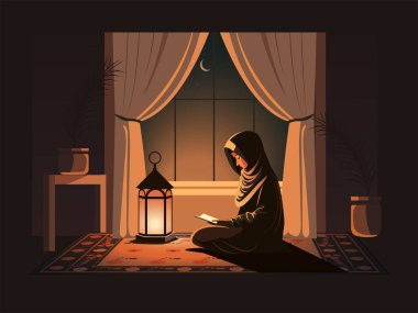 Müslüman Genç Kadın 'ın Hilal Ay Gecesi' nde pencerenin önünde yanan fenerle Kur 'an okuduğu tasviri. 