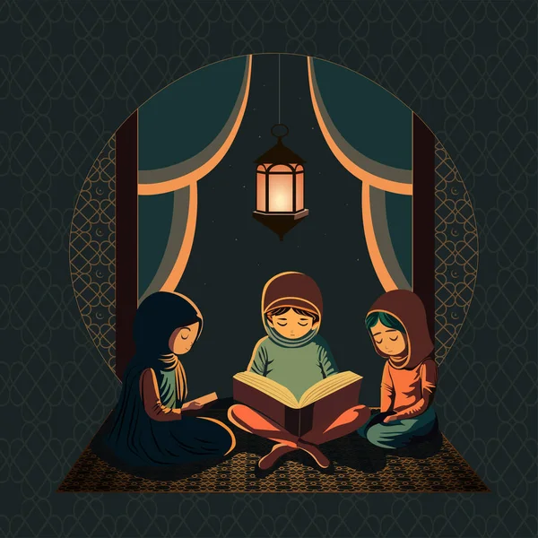 イスラム教徒の少女のイラストイスラム教徒の円形の窓やドアに対して夜に一緒にクルアーンを読んで — ストックベクタ