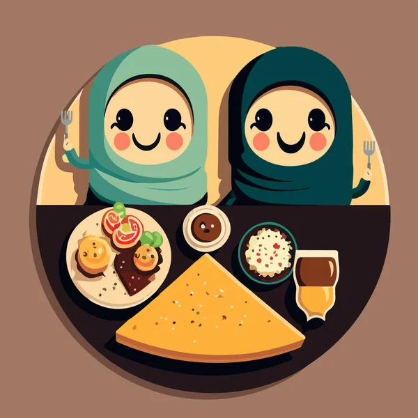 在褐色背景下享受美味食物的穆斯林女孩 — 图库矢量图片