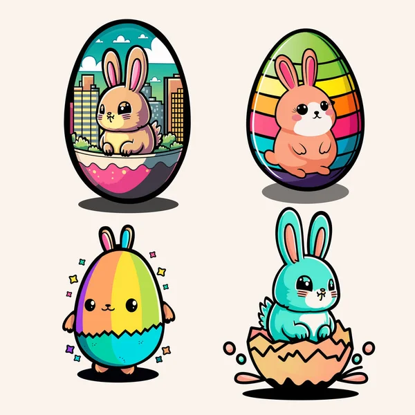 卵の中の様々なスタイルの漫画ウサギのセット ハッピーイースターのコンセプト — ストックベクタ