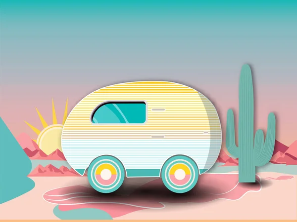 Camionnette Camping Car Style Papier Multicolore Contre Soleil Paysage Arrière — Image vectorielle