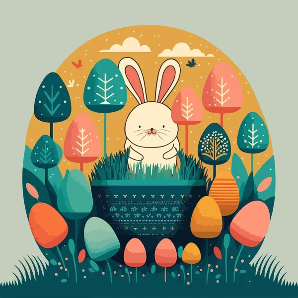 大自然背景下的野兔与草篮 快乐复活节的概念 — 图库矢量图片