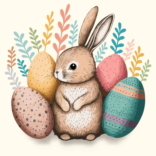 Иллюстрация Симпатичного Персонажа Кролика Цветными Печатными Яйцами Против Листьев Счастливой — стоковый вектор