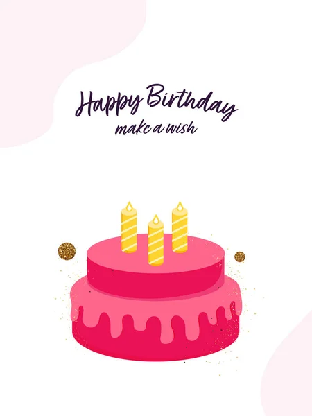 Happy Birthday Greeting Card Cake Burning Candles Pink White Abstract — Stock Vector