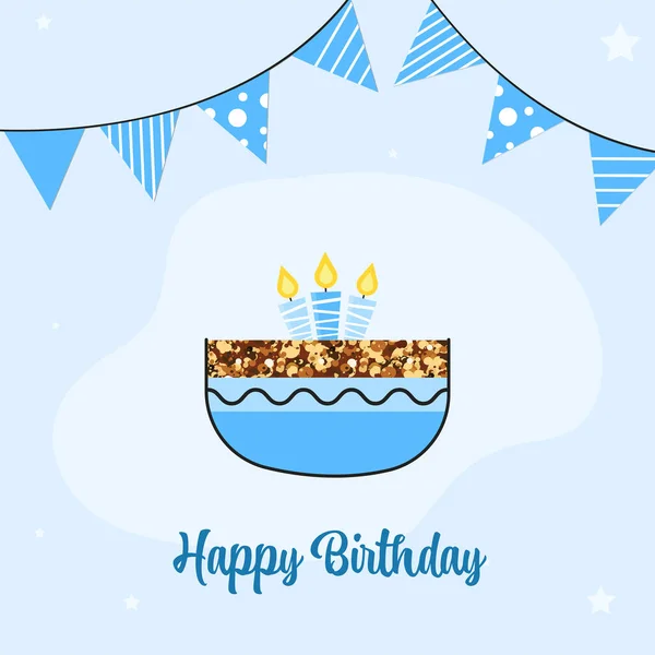 Happy Birthday Greeting Card Cake Burning Candles Bunting Flags Blue — Stock Vector