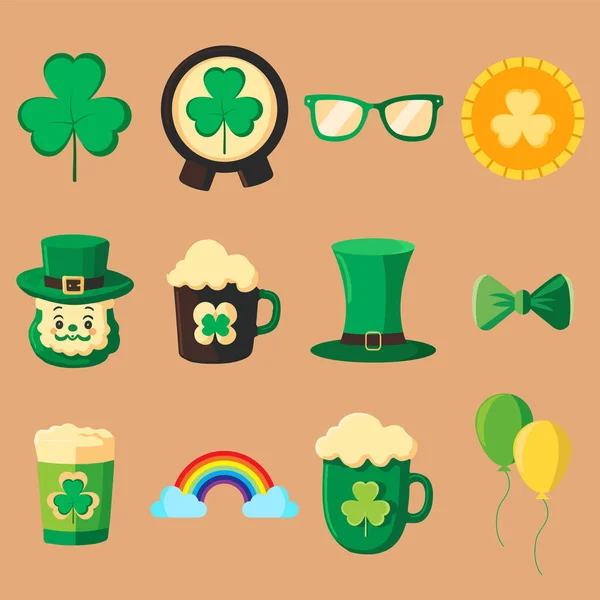 Flat Style Patrick Day Festival Element Icons Pastel Brown Background — Stock Vector