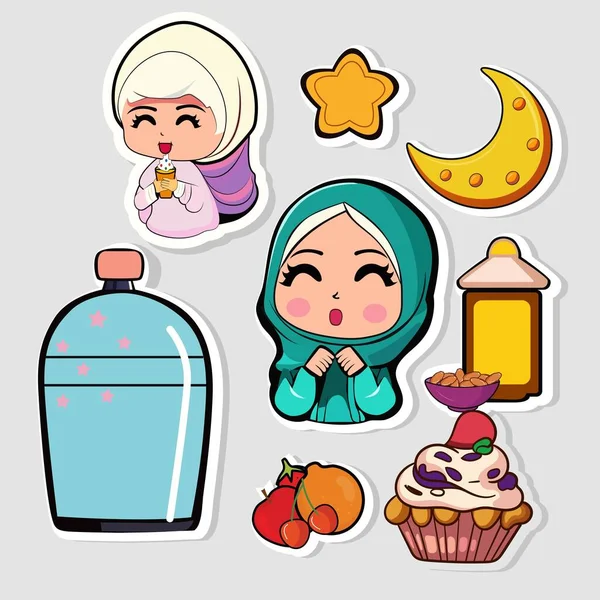 Sticker Style Mignon Filles Islamiques Caractère Avec Des Fruits Des — Image vectorielle