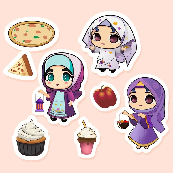Sticker Style Islámské Dívky Znak Rychlým Občerstvením Lucerna Růžovém Pozadí — Stockový vektor