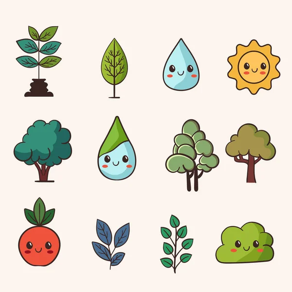Eco Friendly Elements Trees Water Drops Sun Mandarin Beige Background — Stock Vector