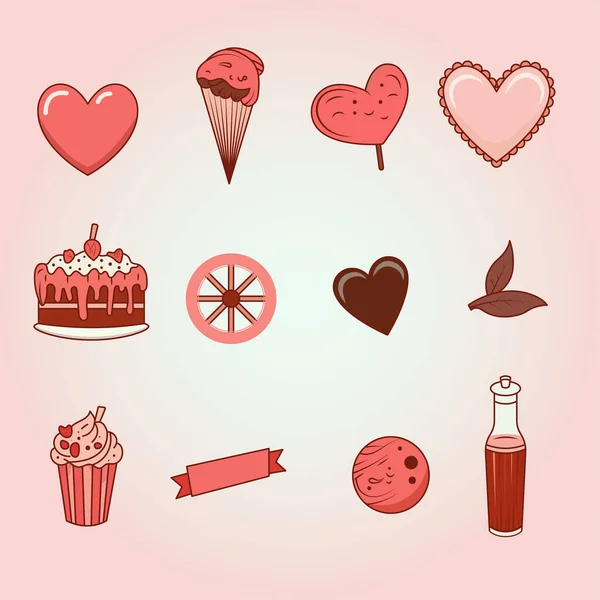 法式快餐 软饮料 意大利面粉红中的心形元素 情人节背景或爱情概念 — 图库矢量图片