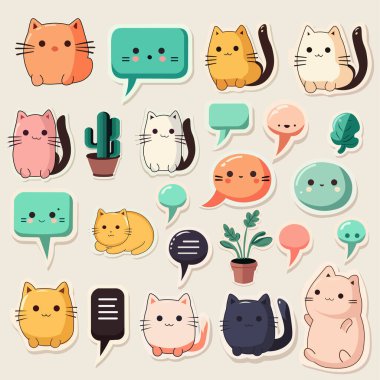 Sticker Style Cat Emoji, Bitkiler ve Boş Mesaj Kutusu Elementleri. Sohbet Kavramı.