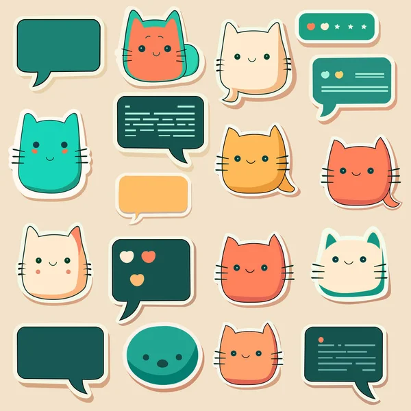 Σύνολο Sticker Style Κενό Κουτί Συνομιλίας Στοιχεία Πρόσωπο Cat Emoji — Διανυσματικό Αρχείο