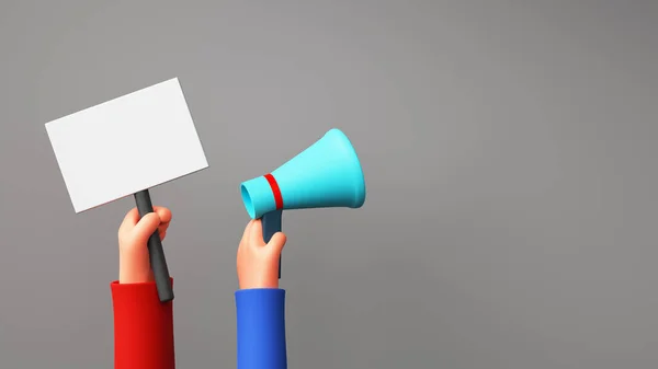 3D Render of Human Hands Holding Blank Placard And Loudspeaker On Gray Background.