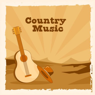 Gitarlı Country Müzik Posteri Tasarımı, Retro Style Kum Tarzı Şapkası ve Işın Arkaplanı.