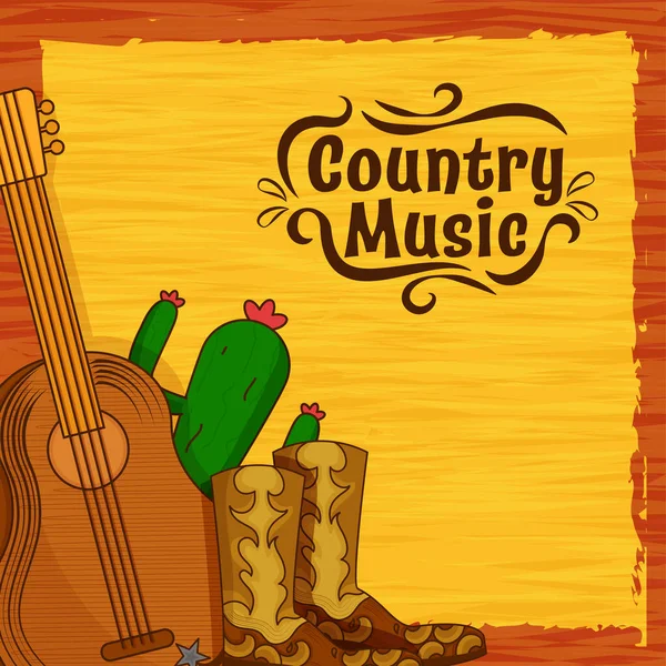 Country Music Affiche Ontwerp Met Gitaar Cowboy Laarzen Cactus Plant — Stockvector