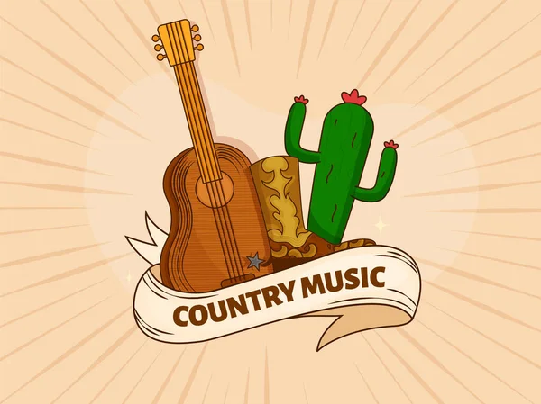 Country Music Text Ribbon Guitar Cowboy Boots Cactus Plant Retro — Stock Vector