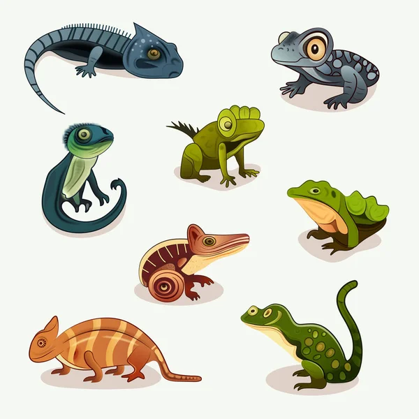 Set Amphibians Animal Character Flat Style — Stock Vector