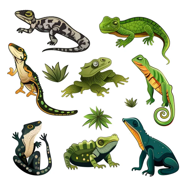 Illustration Amphibians Character Icon Set Flat Style — Stock Vector