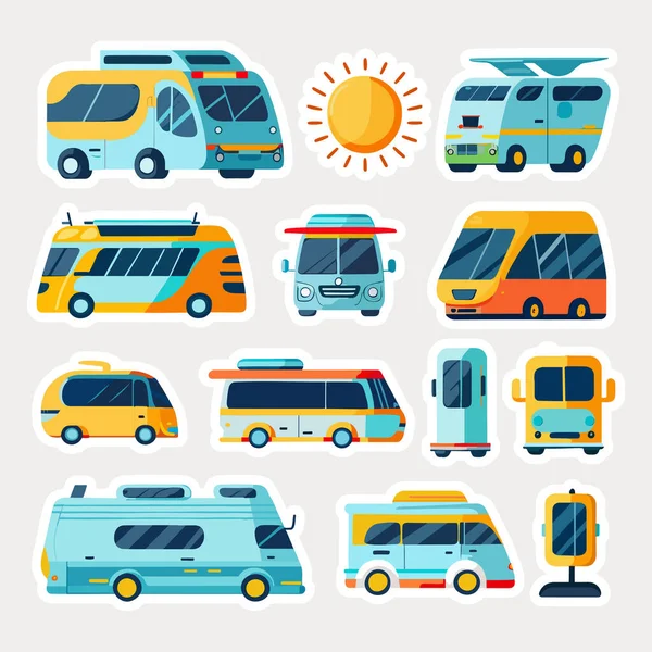 Sticker Style Eco Electric Bus Icon Set — Stock Vector