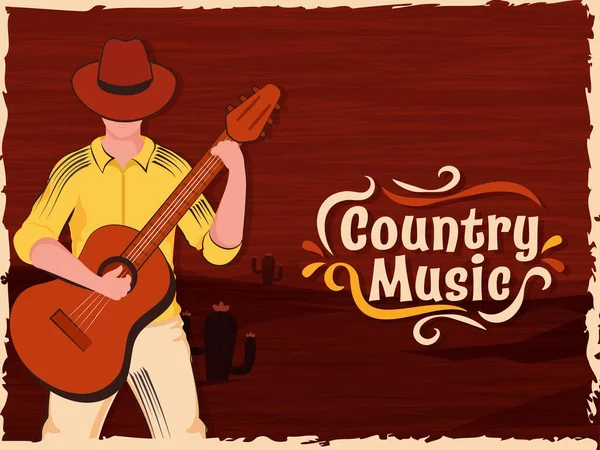 Country Music Concept Young Man Wearing Cowboy Hat Playing Guitar — Stock Vector