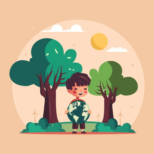 Fröhliche Boy Character Holding Earth Globe Auf Sonne Natur Hintergrund — Stockvektor
