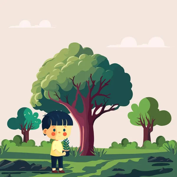 Cute Boy Character Holding Plant Nature Background Koncepce Dne Prostředí — Stockový vektor