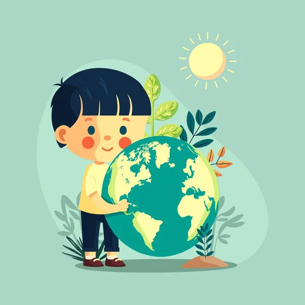 快乐的男孩在太阳自然背景下抱着地球地球 拯救地球或世界环境日概念 — 图库矢量图片