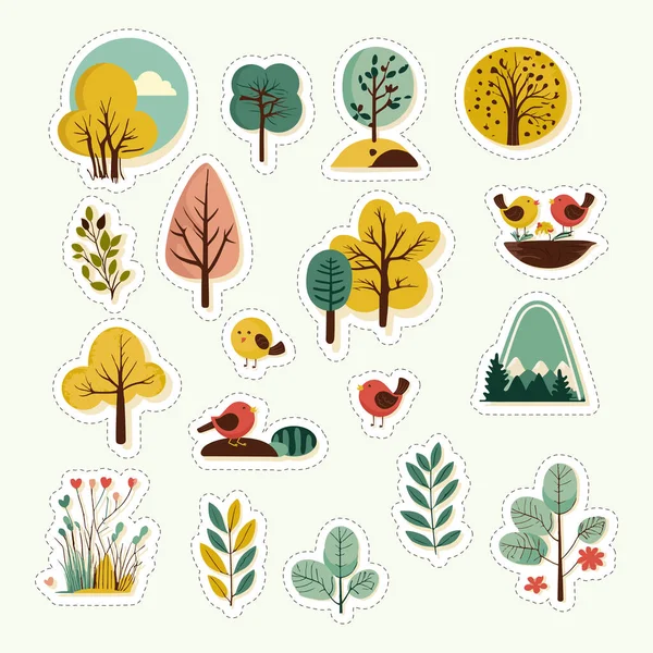 Sticker Style Arbre Fleur Oiseaux Mignons Feuilles Avec Montagnes Element — Image vectorielle