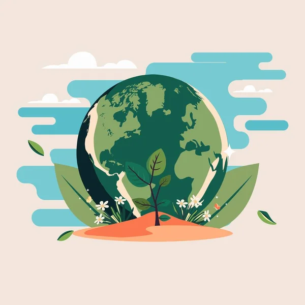 Grön Jord Glob Med Blommiga Växter Abstrakt Bakgrund Och Kopiera — Stock vektor