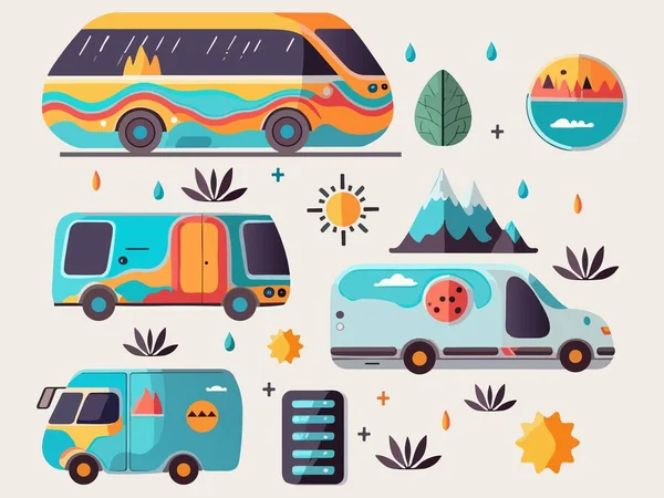 Illustration Icône Bus Électrique Avec Soleil Montagne Élément Plantes Sur — Image vectorielle