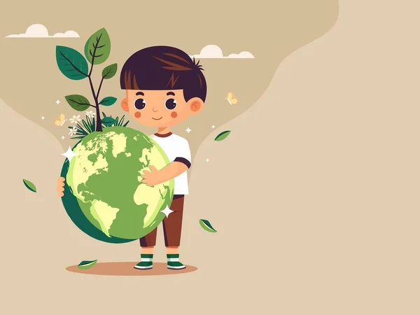 Söt Pojke Karaktär Som Håller Jorden Globen Med Blommiga Växter — Stock vektor