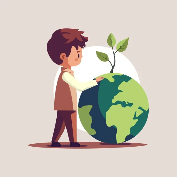 Side View Boy Character Standing Planting Globe Beige Background — Stock Vector